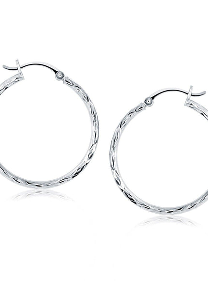 14k White Gold Diamond Cut Hoop Earrings - Ellie Belle