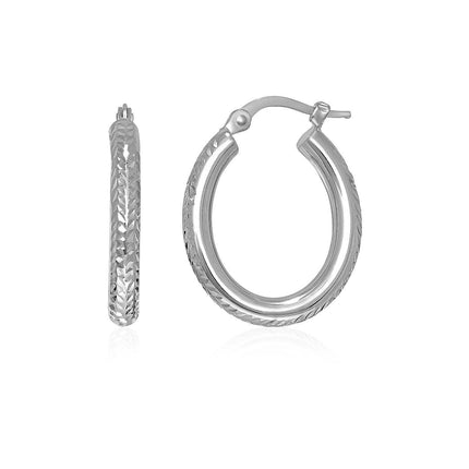 14k White Gold Diamond Cut Textured Oval Hoop Earrings. - Ellie Belle