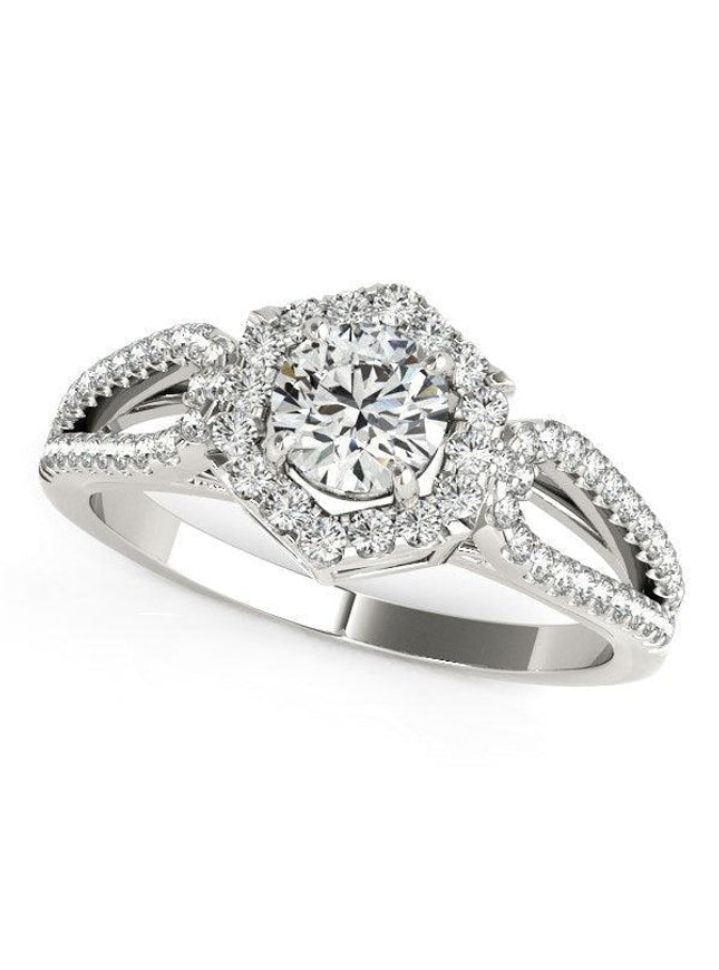 14k White Gold Diamond Engagement Ring with Hexagon Halo Border (7/8 cttw) - Ellie Belle