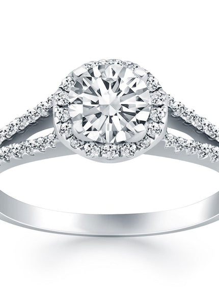 14k White Gold Diamond Halo Split Shank Engagement Ring - Ellie Belle