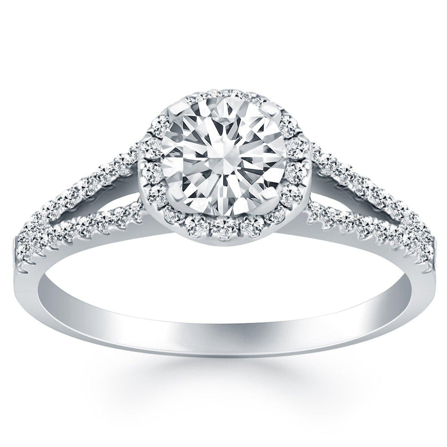 14k White Gold Diamond Halo Split Shank Engagement Ring - Ellie Belle