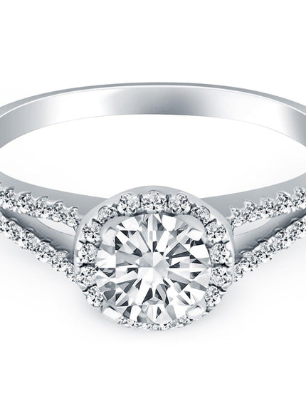 14k White Gold Diamond Halo Split Shank Engagement Ring - Ellie Belle