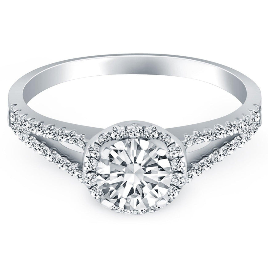 14k White Gold Diamond Halo Split Shank Engagement Ring - Ellie Belle