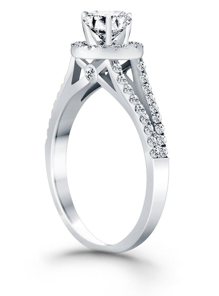 14k White Gold Diamond Halo Split Shank Engagement Ring - Ellie Belle