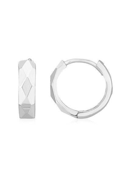 14K White Gold Diamond Motif Faceted Huggie Earrings - Ellie Belle