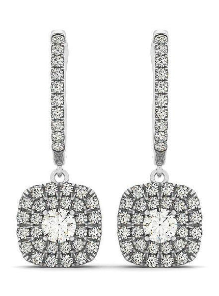 14k White Gold Double Halo Cushion Outer Shaped Diamond Earrings (3/4 cttw) - Ellie Belle