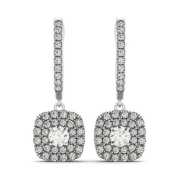 14k White Gold Double Halo Cushion Outer Shaped Diamond Earrings (3/4 cttw) - Ellie Belle