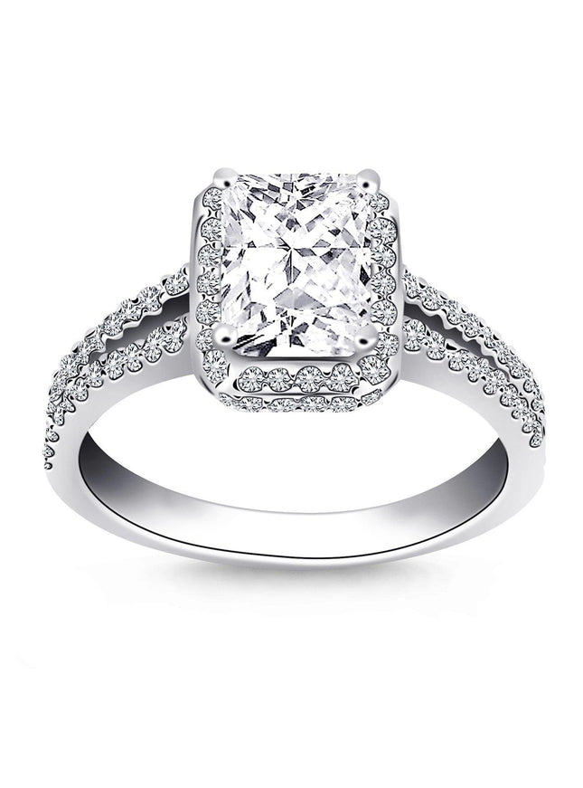14k White Gold Emerald Cut Diamond Halo Split Shank Engagement Ring Mounting - Ellie Belle
