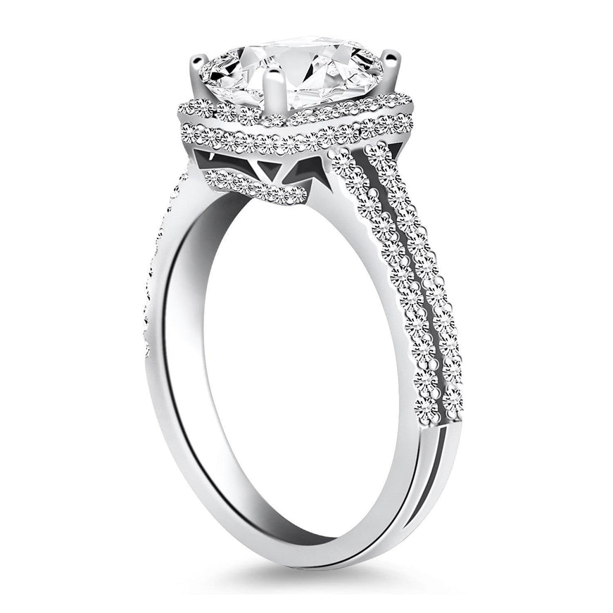 14k White Gold Emerald Cut Diamond Halo Split Shank Engagement Ring Mounting - Ellie Belle