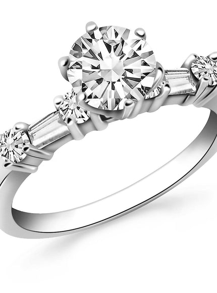 14k White Gold Engagement Ring with Round and Baguette Diamonds - Ellie Belle