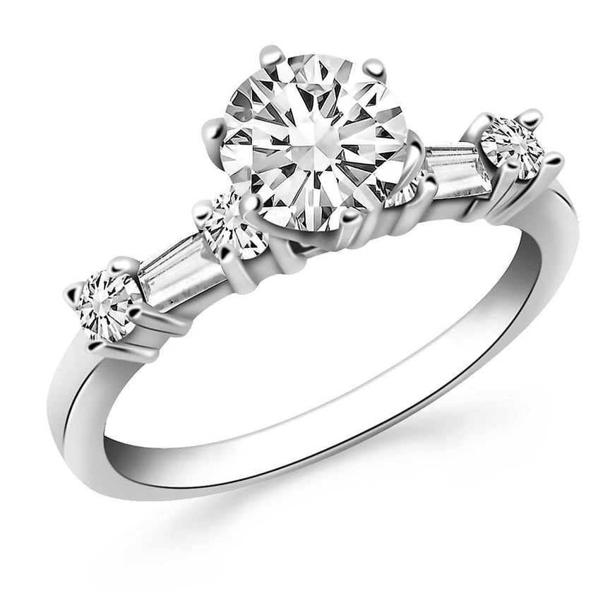 14k White Gold Engagement Ring with Round and Baguette Diamonds - Ellie Belle