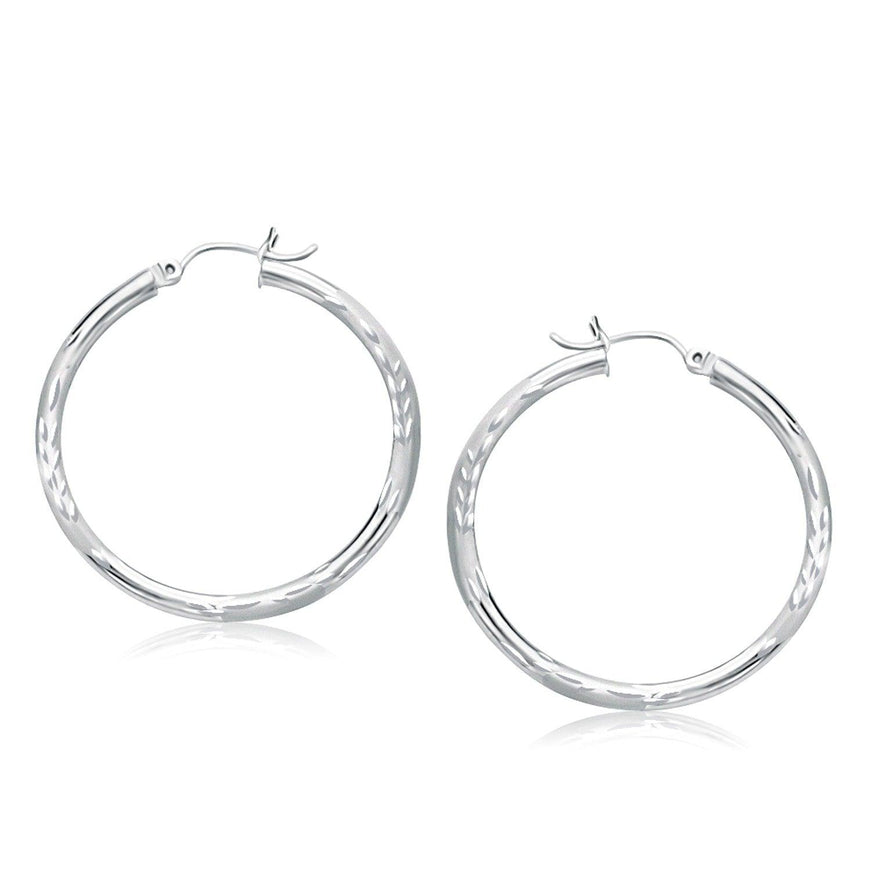 14k White Gold Fancy Diamond Cut Hoop Earrings (35mm Diameter) - Ellie Belle