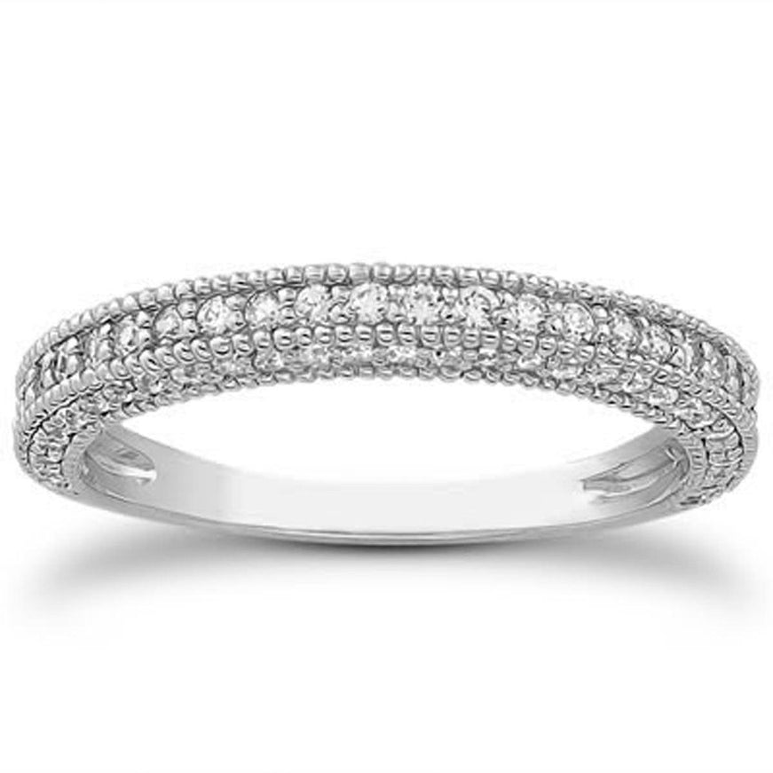 14k White Gold Fancy Pave Diamond Milgrain Textured Wedding Ring Band - Ellie Belle