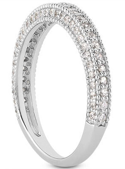 14k White Gold Fancy Pave Diamond Milgrain Textured Wedding Ring Band - Ellie Belle