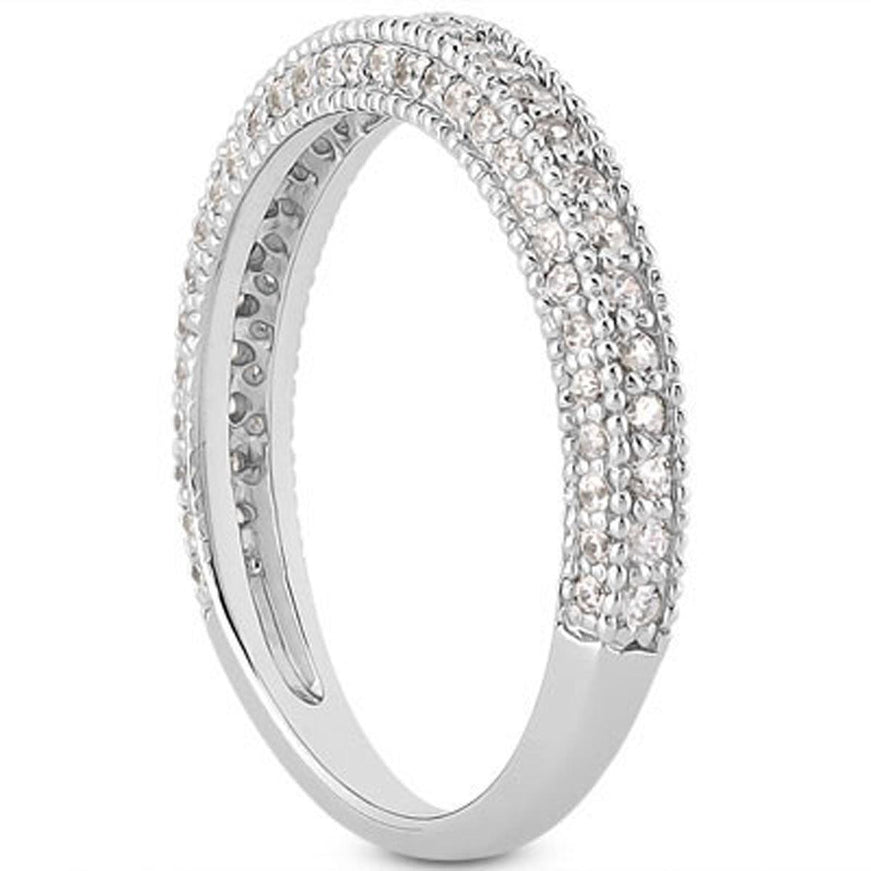 14k White Gold Fancy Pave Diamond Milgrain Textured Wedding Ring Band - Ellie Belle