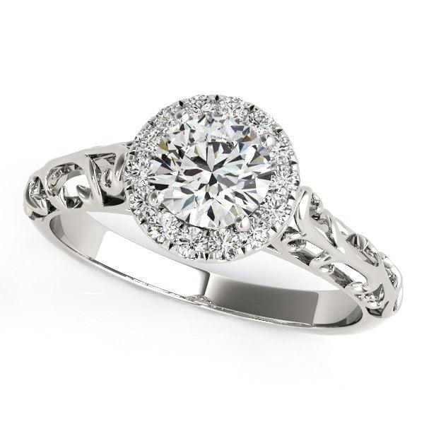 14k White Gold Halo Antique Style Round Diamond Engagement Ring (5/8 cttw) - Ellie Belle