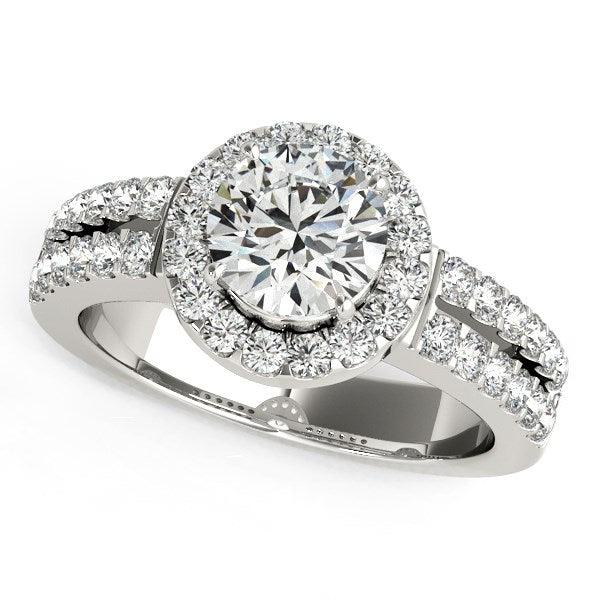 14k White Gold Halo Diamond Engagement Ring With Double Row Band (1 3/8 cttw) - Ellie Belle