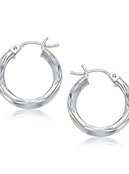 14k White Gold Hoop Earrings with Diamond Cuts (15mm) - Ellie Belle