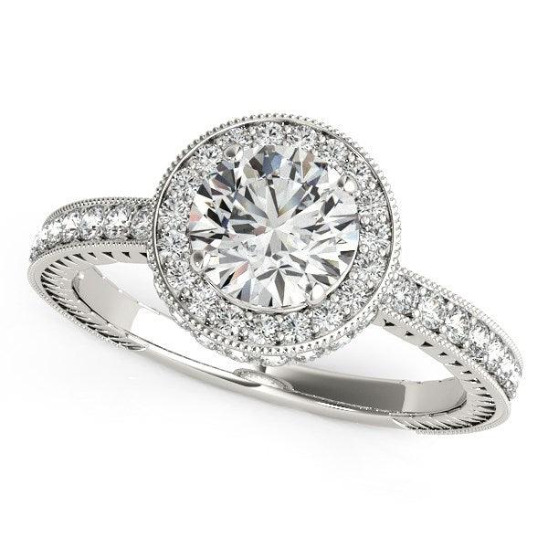 14k White Gold Milgrain Border Diamond Pave Engagement Ring (1 1/2 cttw) - Ellie Belle