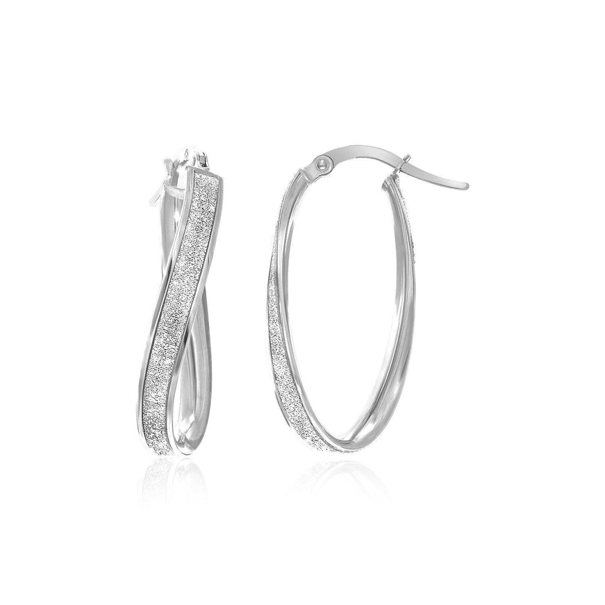 14k White Gold Oval Hoop Twist Glittery Earrings - Ellie Belle