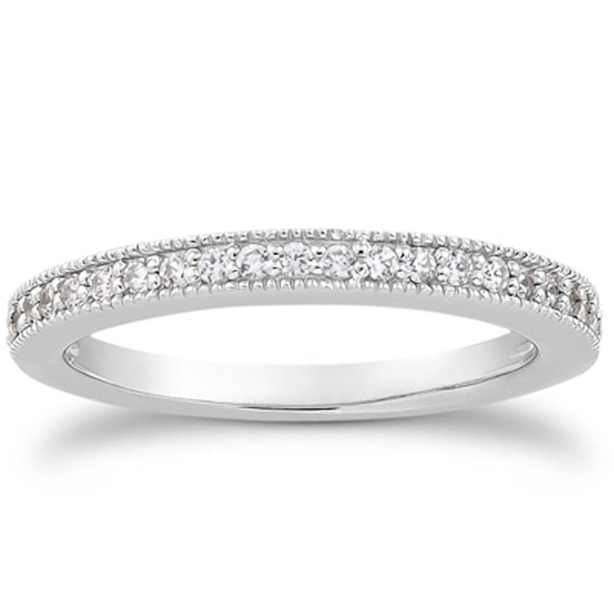 14k White Gold Pave Diamond Milgrain Wedding Ring Band Set 1/2 Around - Ellie Belle