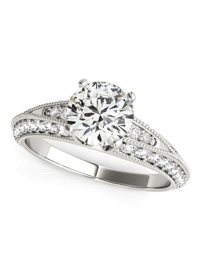14k White Gold Pronged Round Antique Diamond Engagement Ring (1 1/2 cttw) - Ellie Belle