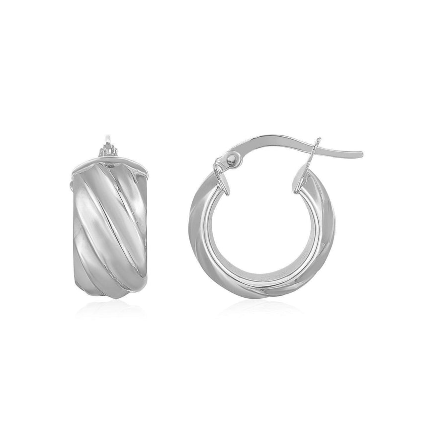 14K White Gold Ribbed Hoop Earrings Wide - Ellie Belle