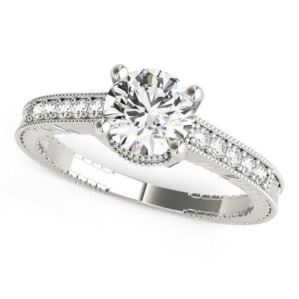 14k White Gold Round Antique Style Diamond Engagement Ring (1 1/8 cttw) - Ellie Belle