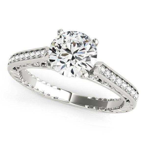 14k White Gold Round Diamond Antique Style Engagement Ring (1 1/8 cttw) - Ellie Belle