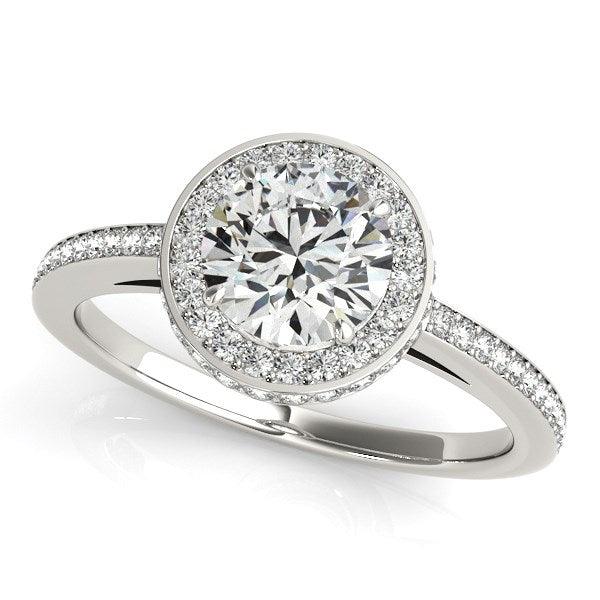 14k White Gold Round Diamond Engagement Ring with Pave Set Halo (1 1/2 cttw) - Ellie Belle