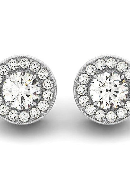 14k White Gold Round Diamond Halo Milgrain Border Earrings (3/4 cttw) - Ellie Belle