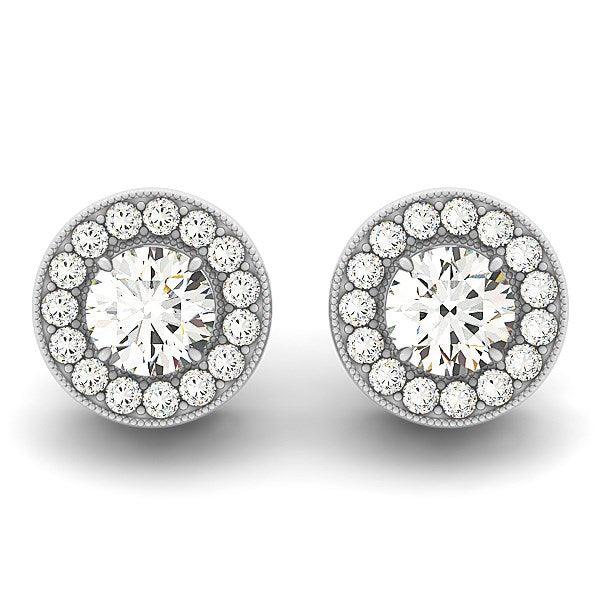 14k White Gold Round Diamond Halo Milgrain Border Earrings (3/4 cttw) - Ellie Belle