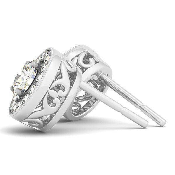 14k White Gold Round Diamond Halo Milgrain Border Earrings (3/4 cttw) - Ellie Belle