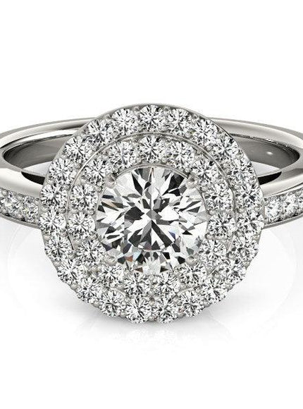 14k White Gold Round with Two-Row Halo Diamond Engagement Ring (1 1/2 cttw) - Ellie Belle