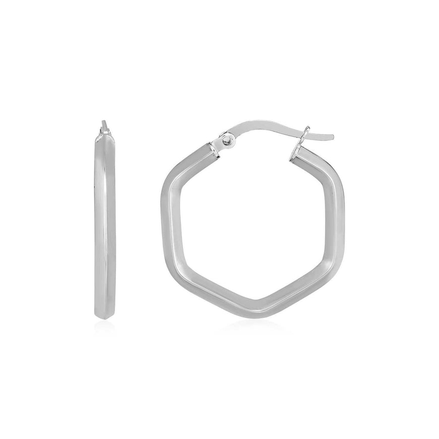 14k White Gold Shiny Hexagon Hoop Earrings - Ellie Belle