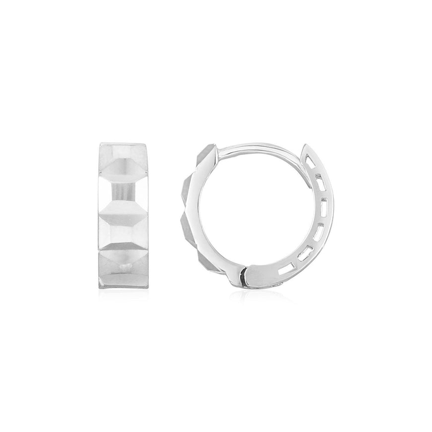 14K White Gold Square Motif Faceted Huggie Earrings - Ellie Belle