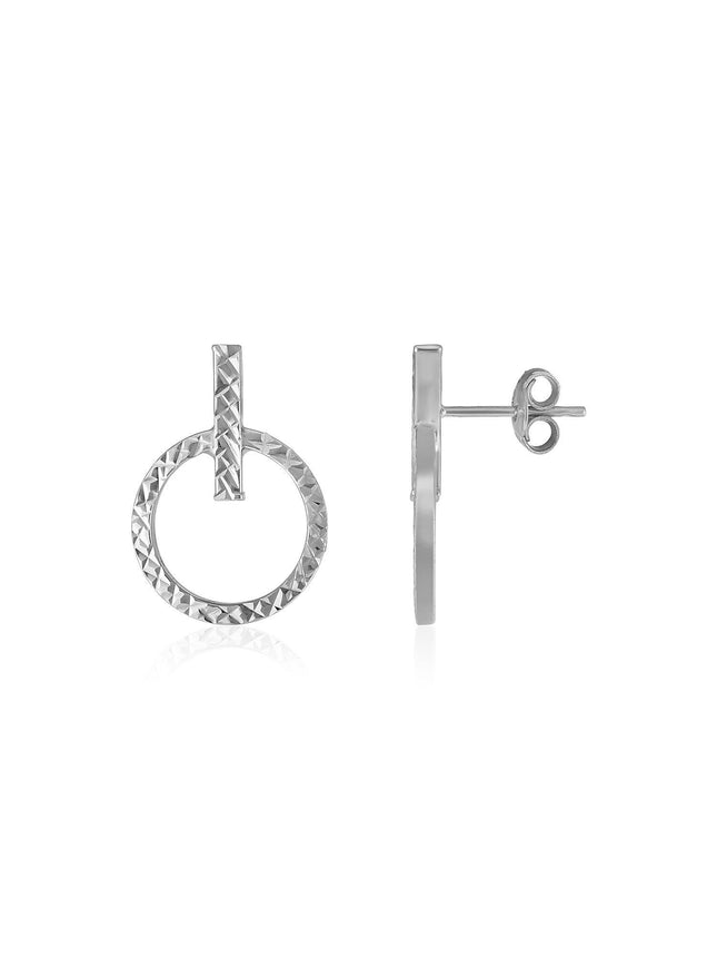 14k White Gold Textured Circle and Bar Post Earrings - Ellie Belle