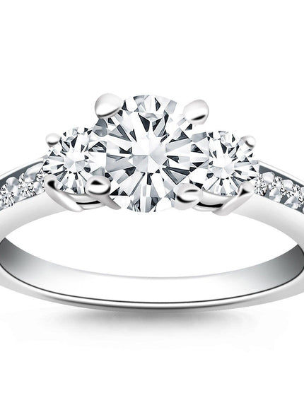 14k White Gold Three Stone Engagement Ring with Diamond Band - Ellie Belle