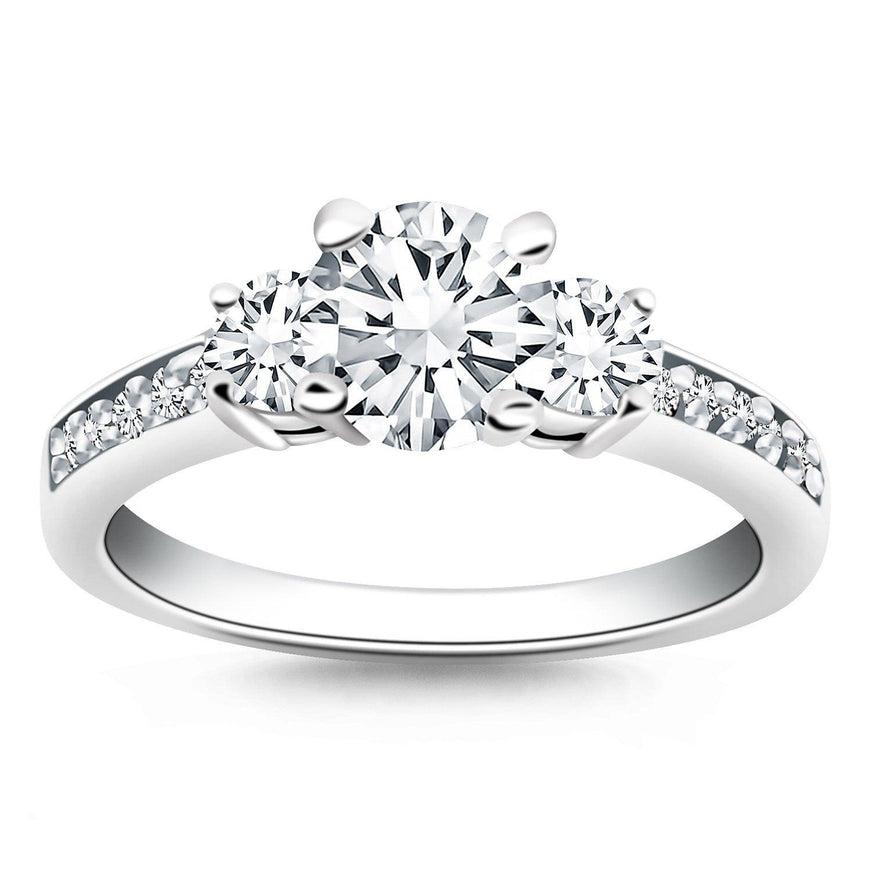 14k White Gold Three Stone Engagement Ring with Diamond Band - Ellie Belle