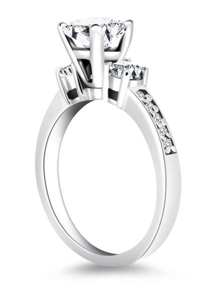 14k White Gold Three Stone Engagement Ring with Diamond Band - Ellie Belle