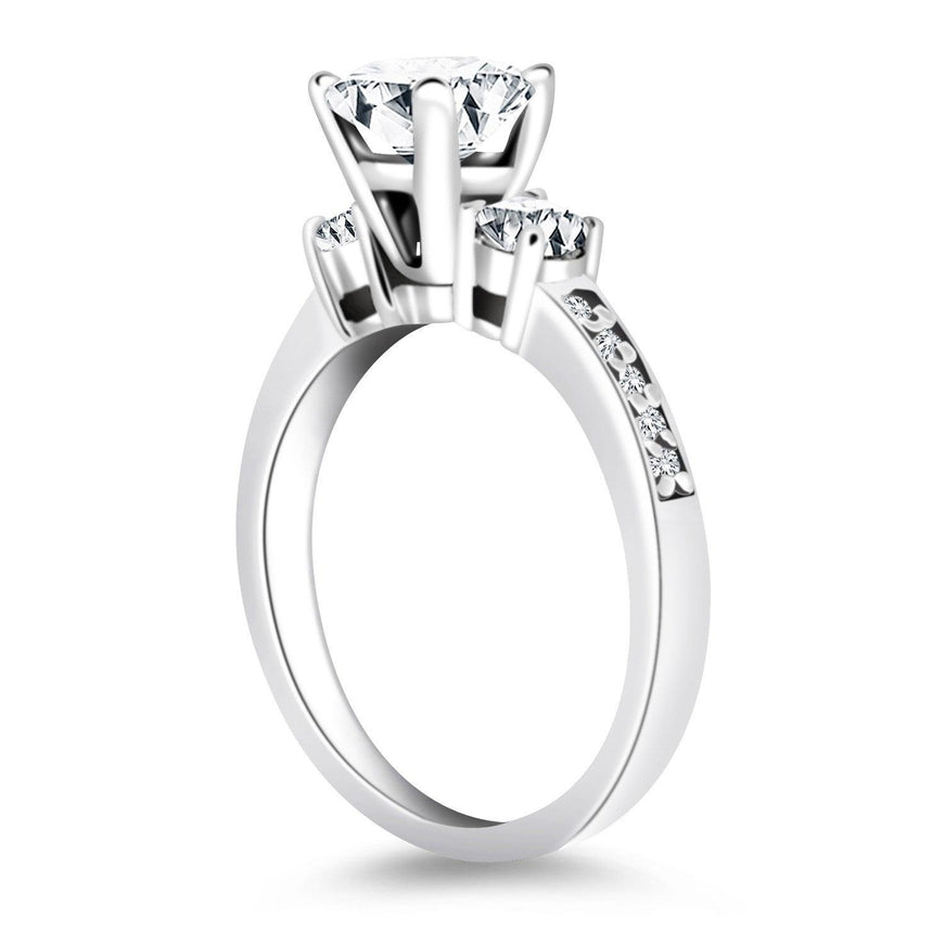 14k White Gold Three Stone Engagement Ring with Diamond Band - Ellie Belle