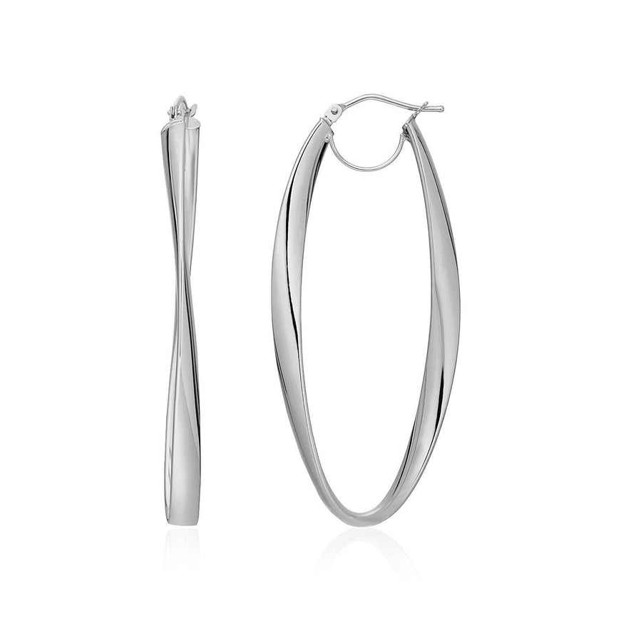 14k White Gold Twist Motif Oval Shape Hoop Earrings - Ellie Belle