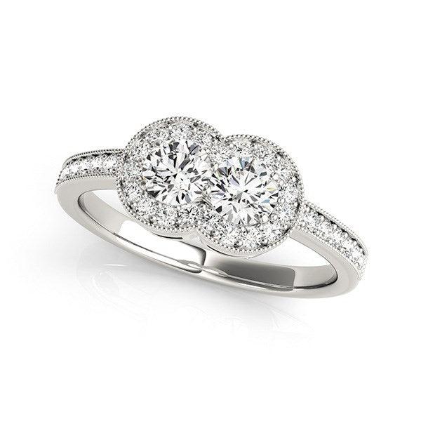 14k White Gold Two Stone Diamond Halo Ring (3/4 cttw) - Ellie Belle