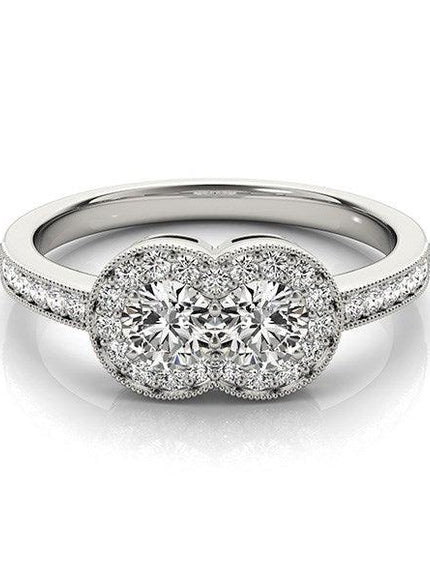 14k White Gold Two Stone Diamond Halo Ring (3/4 cttw) - Ellie Belle