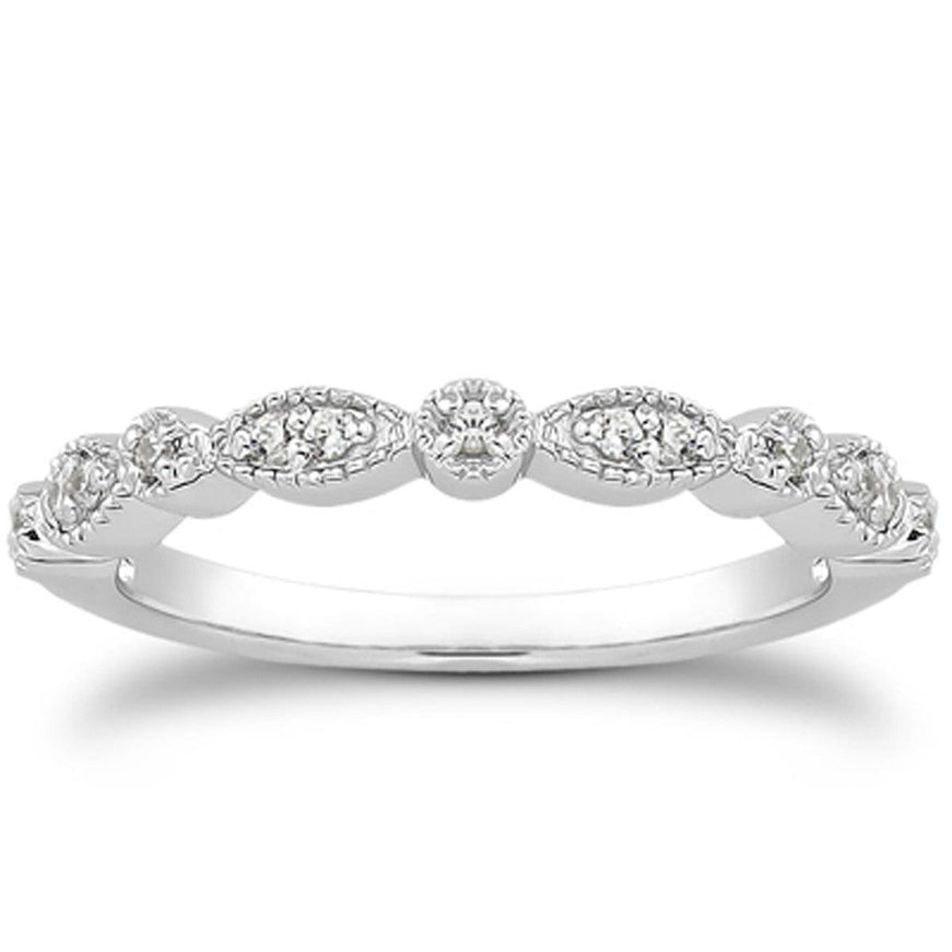 14k White Gold Vintage Look Fancy Pave Diamond Milgrain Wedding Ring Band - Ellie Belle