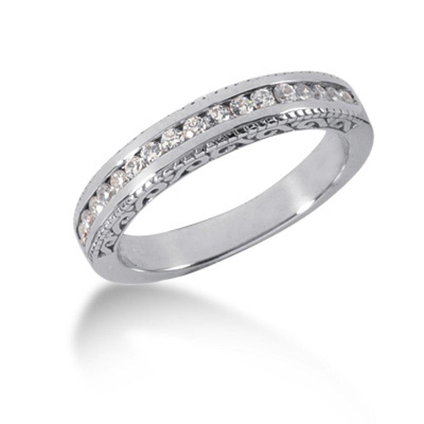 14k White Gold Vintage Style Engraved Diamond Channel Set Wedding Ring Band - Ellie Belle