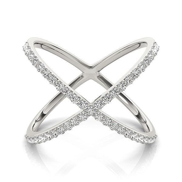 14k White Gold X Style Thin Ring with Diamonds (1/2 cttw) - Ellie Belle