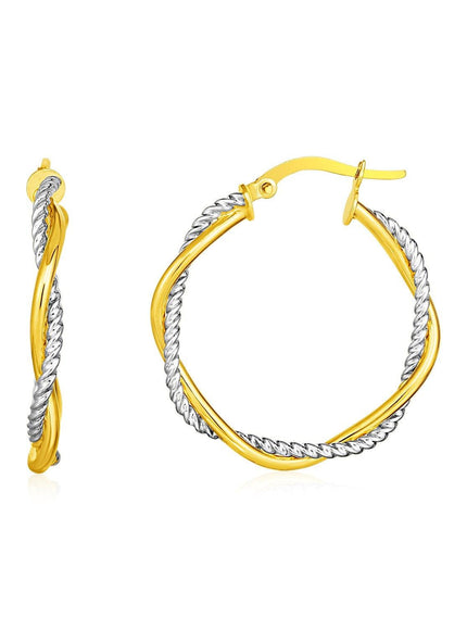 14k Yellow and White Gold Two Part Textured Twisted Round Hoop Earrings - Ellie Belle