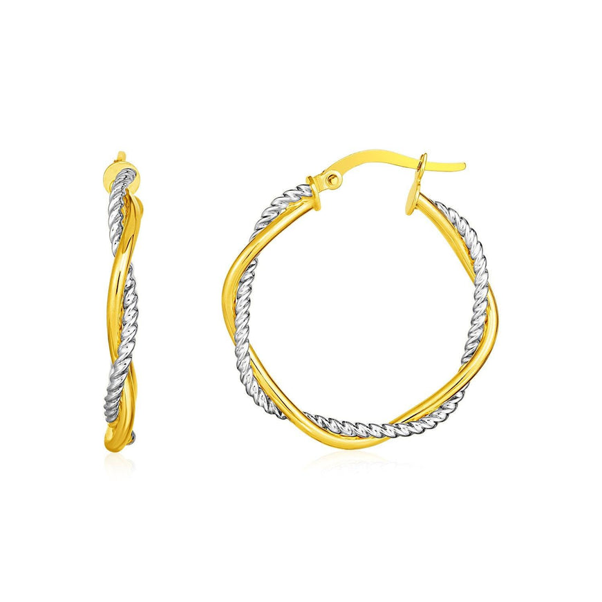 14k Yellow and White Gold Two Part Textured Twisted Round Hoop Earrings - Ellie Belle