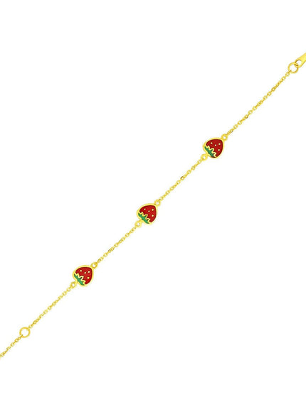 14k Yellow Gold 5 1/2 inch Childrens Bracelet with Enameled Strawberries - Ellie Belle